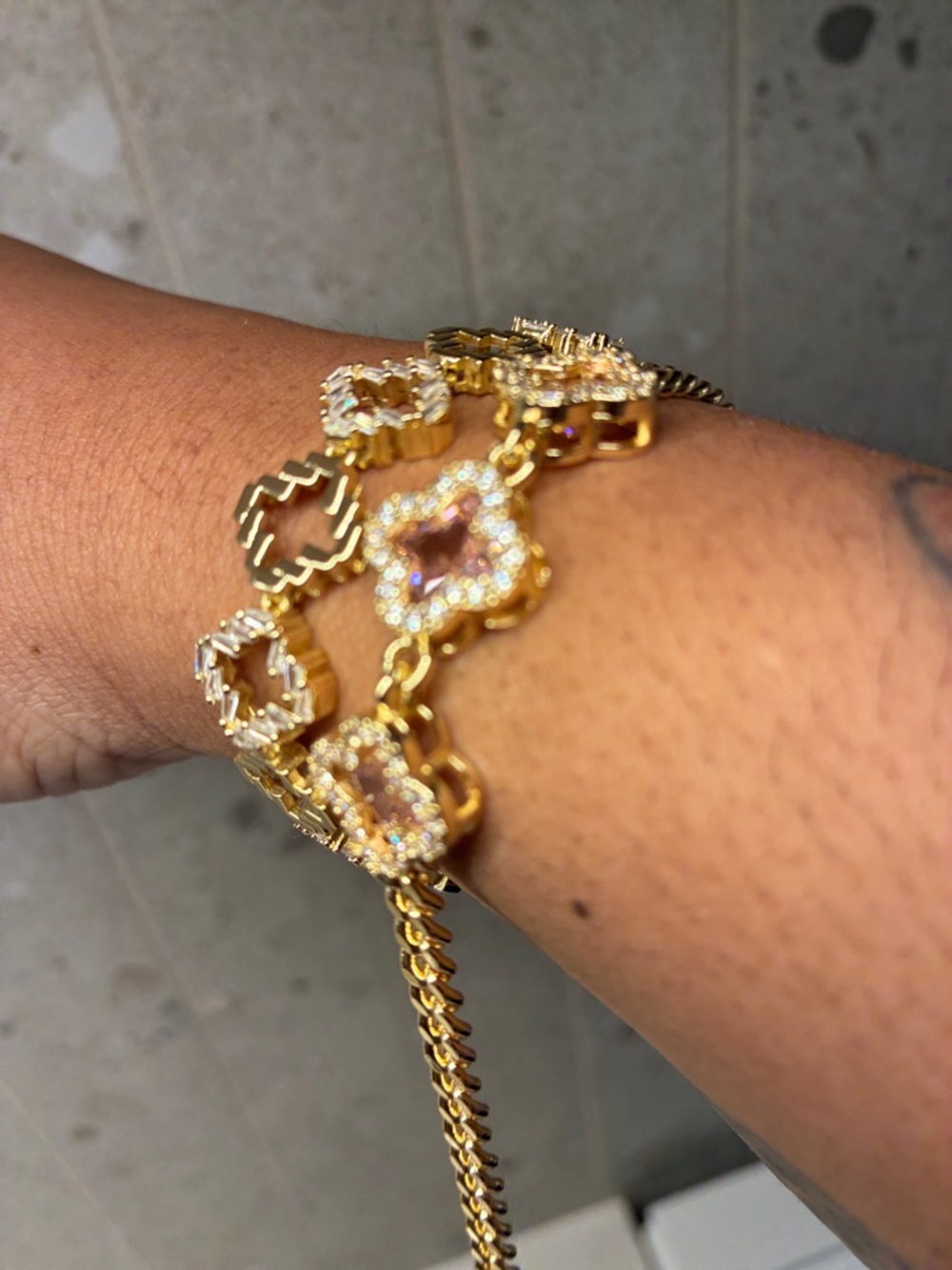 2 Gold Plated Floral Clover Link Bracelets - Women Jewelry